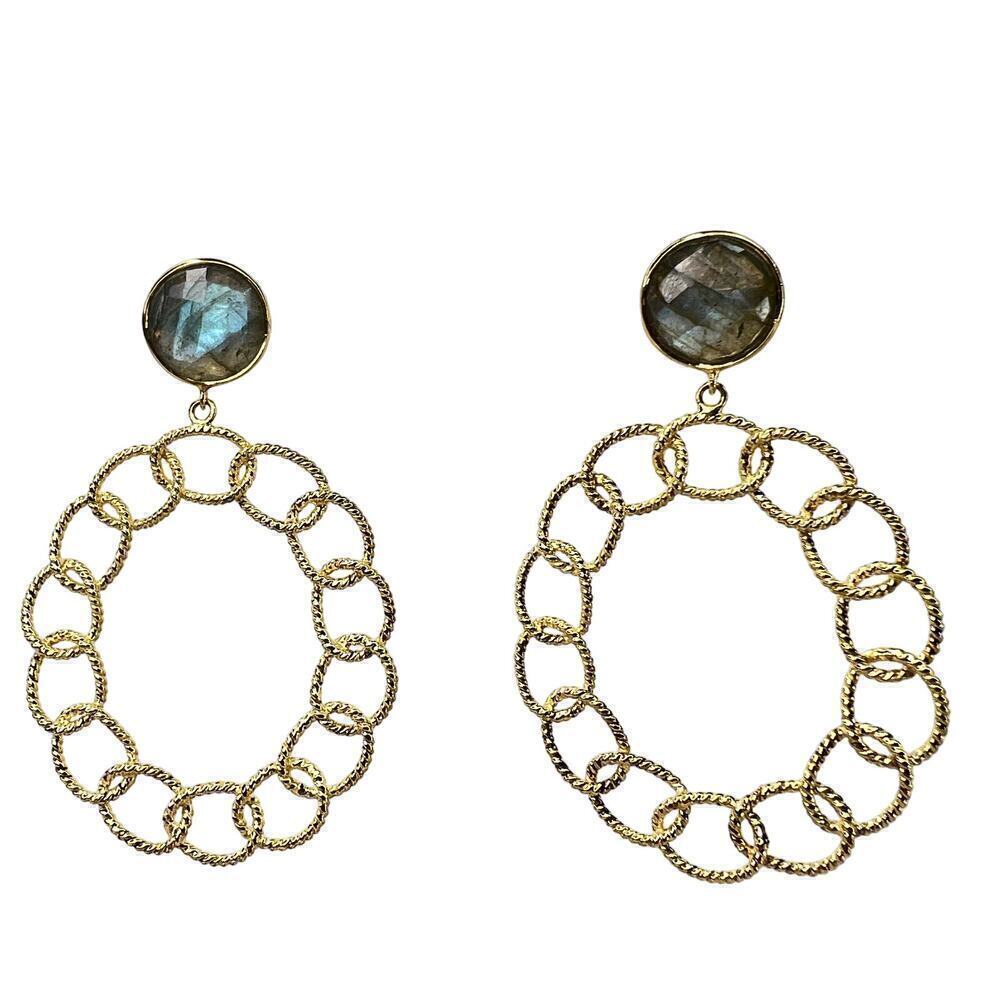 Gold Plated Chainlink Circle Earrings Faceted Iridescent Stone Stud Dangle